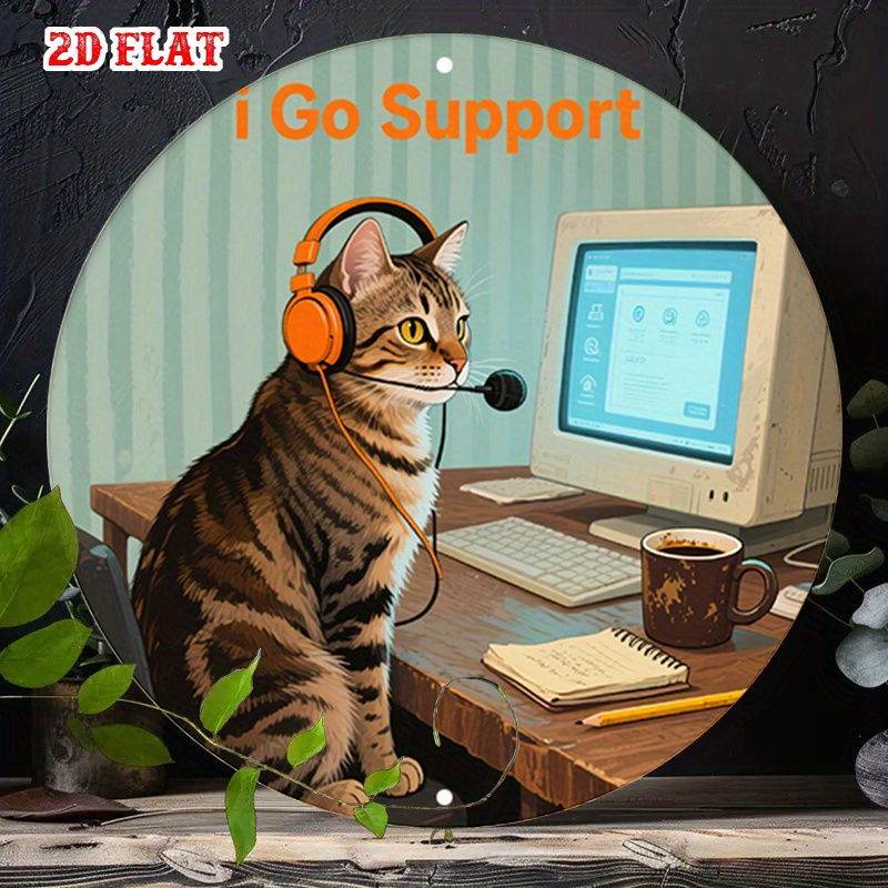 Tech Office Wall Decor - CIFBUY 2D Flache Lustige Tech-Support-Katze Aluminium-Wandkunst