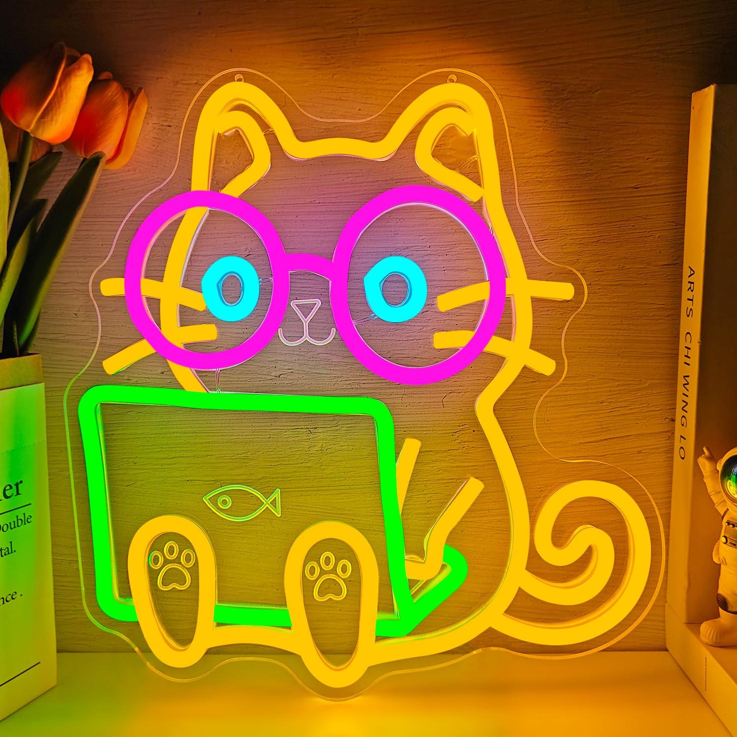Tech Office Wall Decor - Katzen-Laptop-Neon-Schild, USB-dimmbares LED-Licht für Internetcafé, IT-Büro,